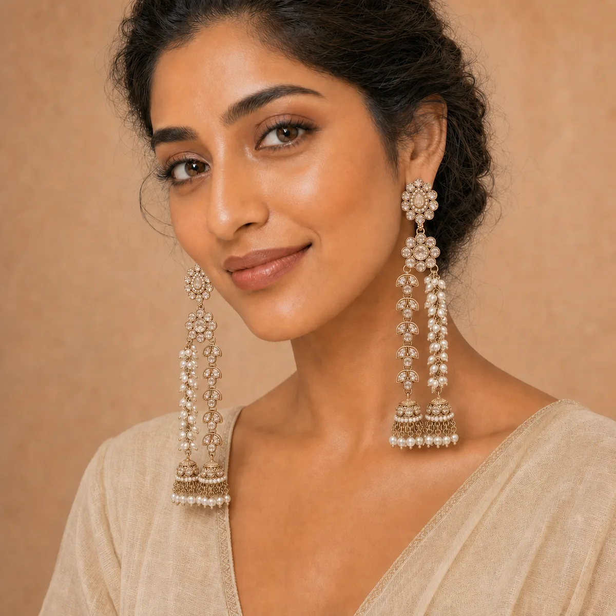Antique Gold Blush Champagne Crystal Pearl Shoulder Duster Earrings — view 4