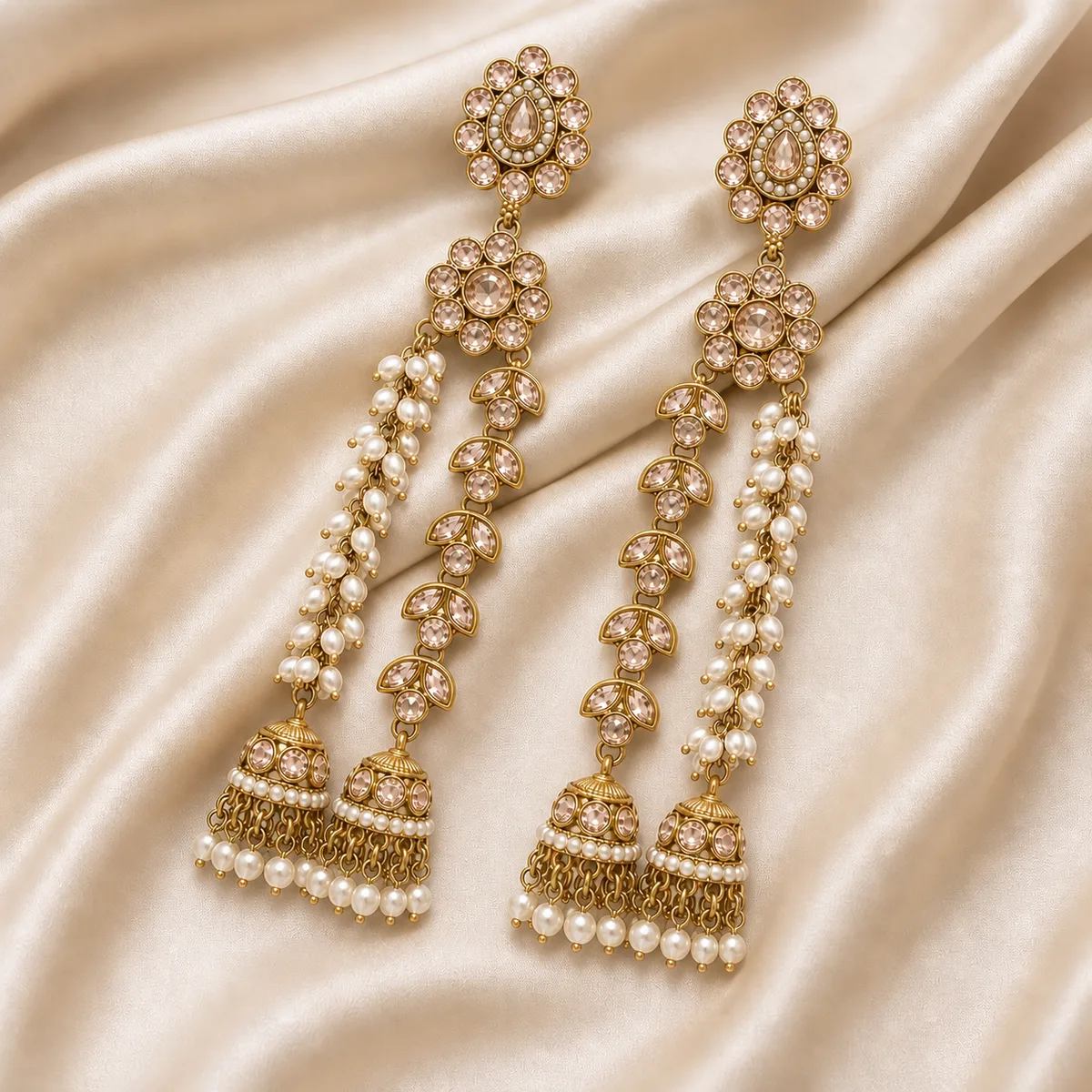 Antique Gold Blush Champagne Crystal Pearl Shoulder Duster Earrings — view 2