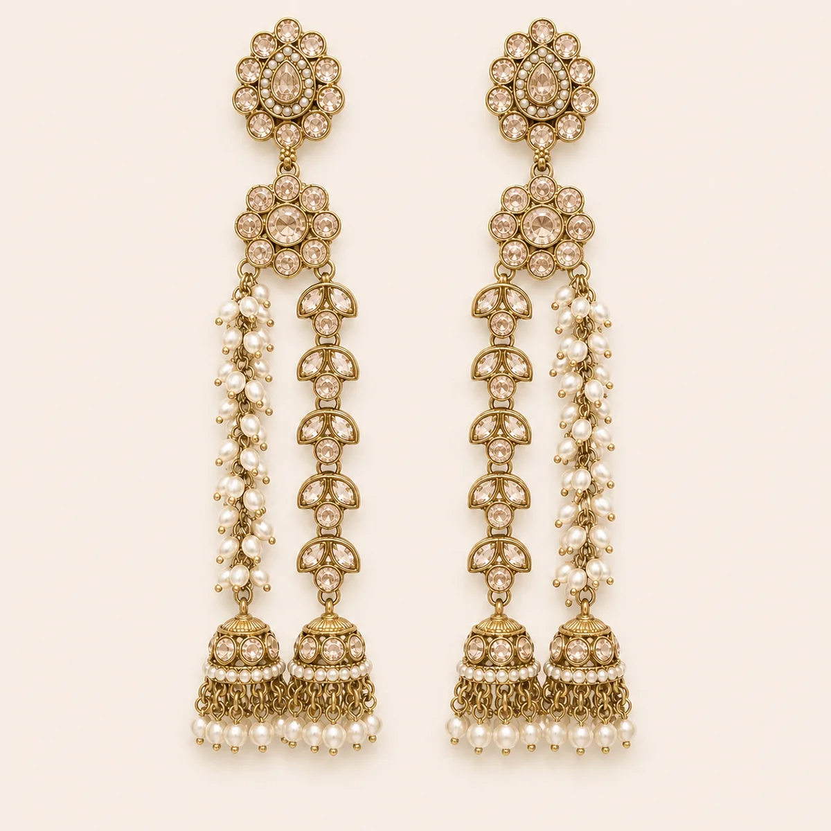 Antique Gold Blush Champagne Crystal Pearl Shoulder Duster Earrings — view 1