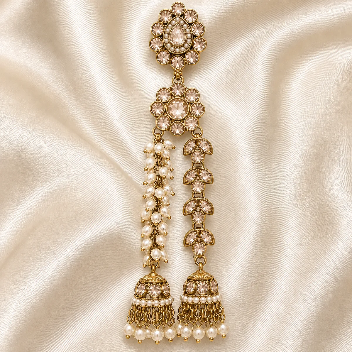 Antique Gold Blush Champagne Crystal Pearl Shoulder Duster Earrings — view 3
