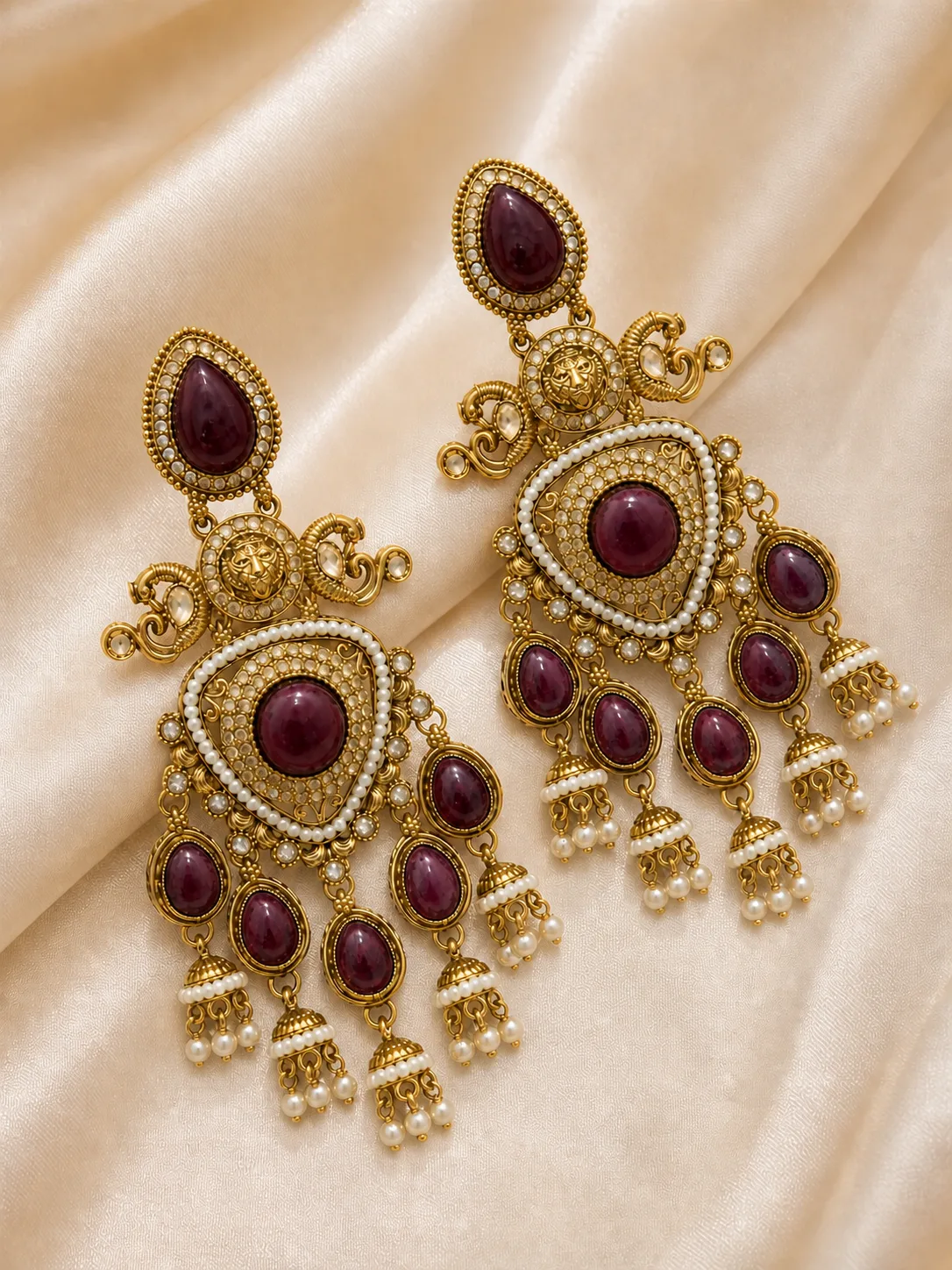 Antique Gold Burgundy Lion Pearl Chandelier Earrings — view 2
