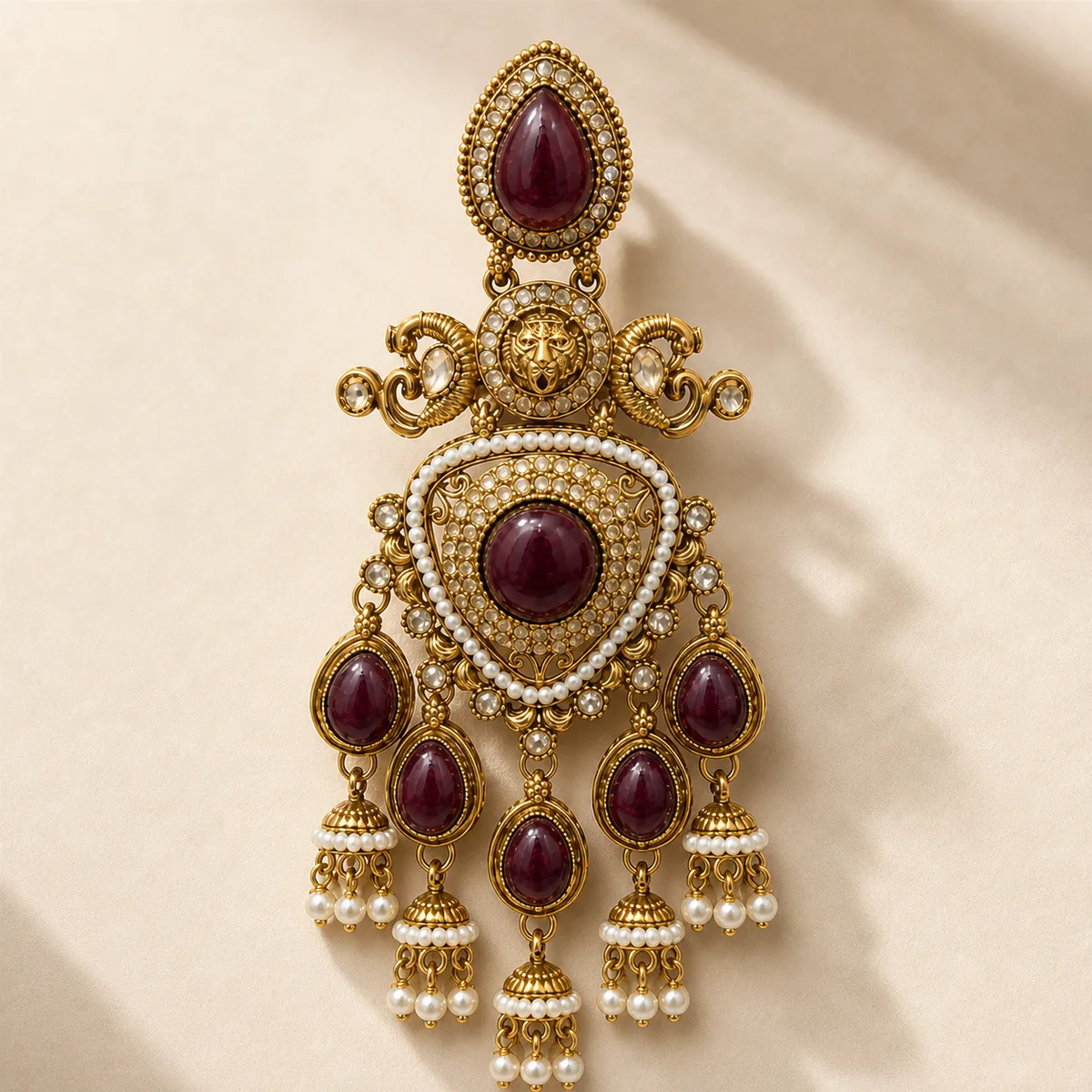 Antique Gold Burgundy Lion Pearl Chandelier Earrings — view 3