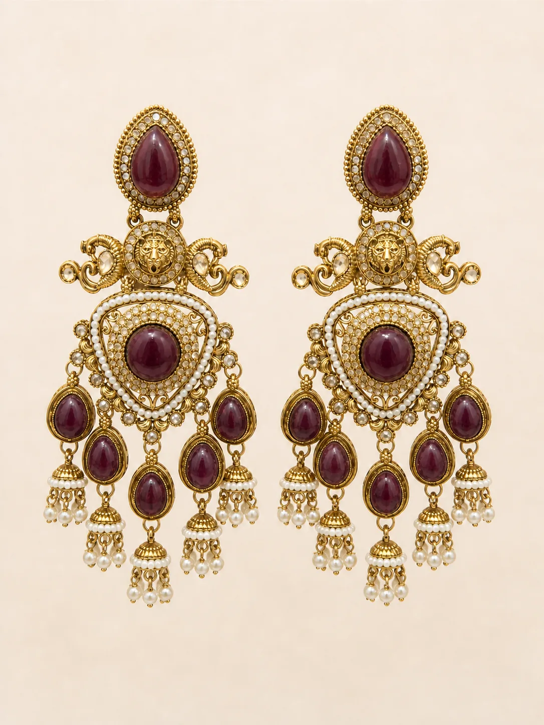 Antique Gold Burgundy Lion Pearl Chandelier Earrings — view 1