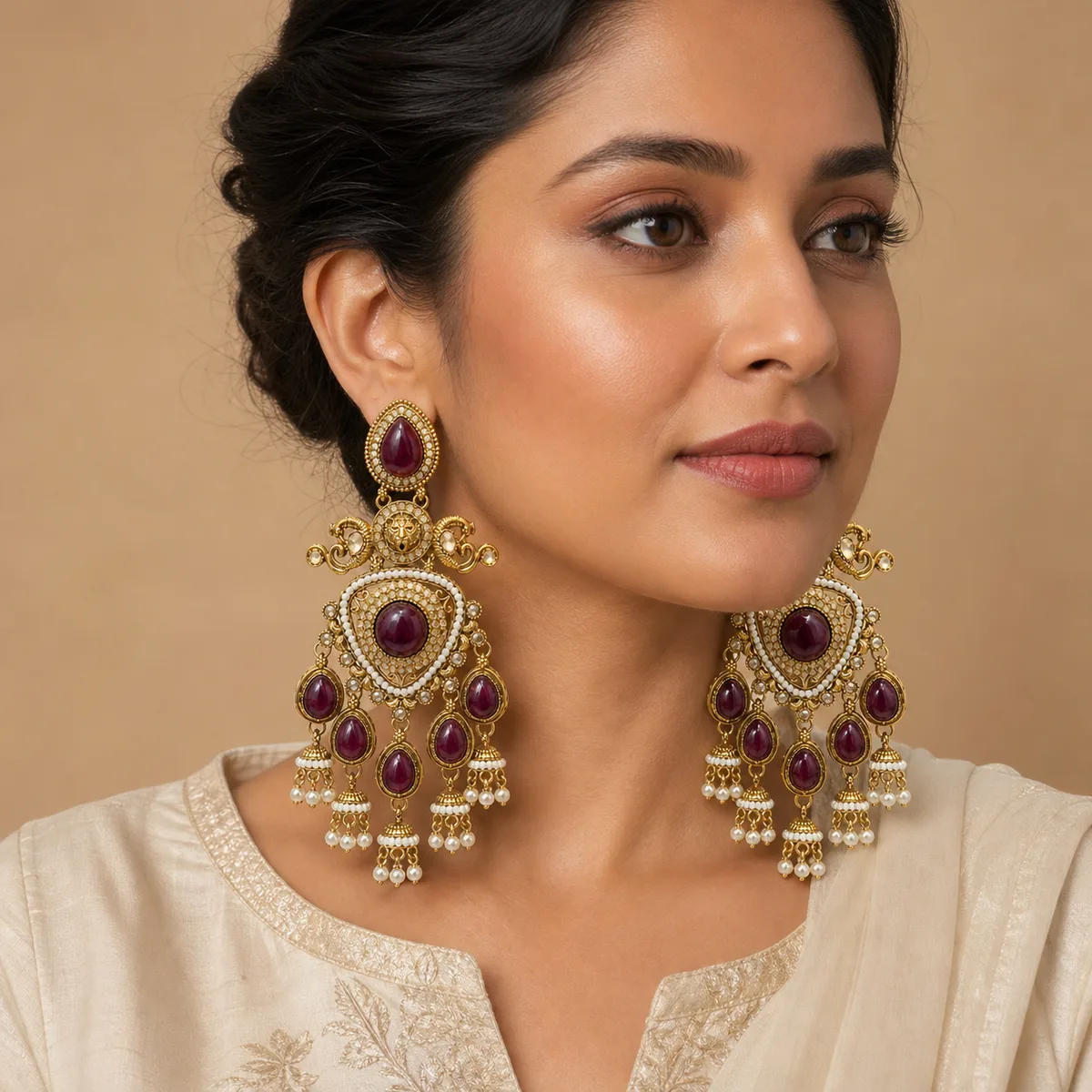 Antique Gold Burgundy Lion Pearl Chandelier Earrings — view 4