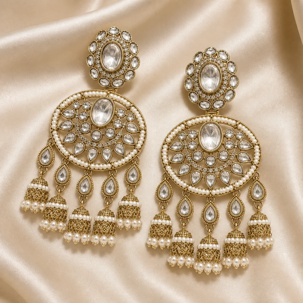 Antique Gold Clear Crystal Pearl Chandelier Earrings — view 2