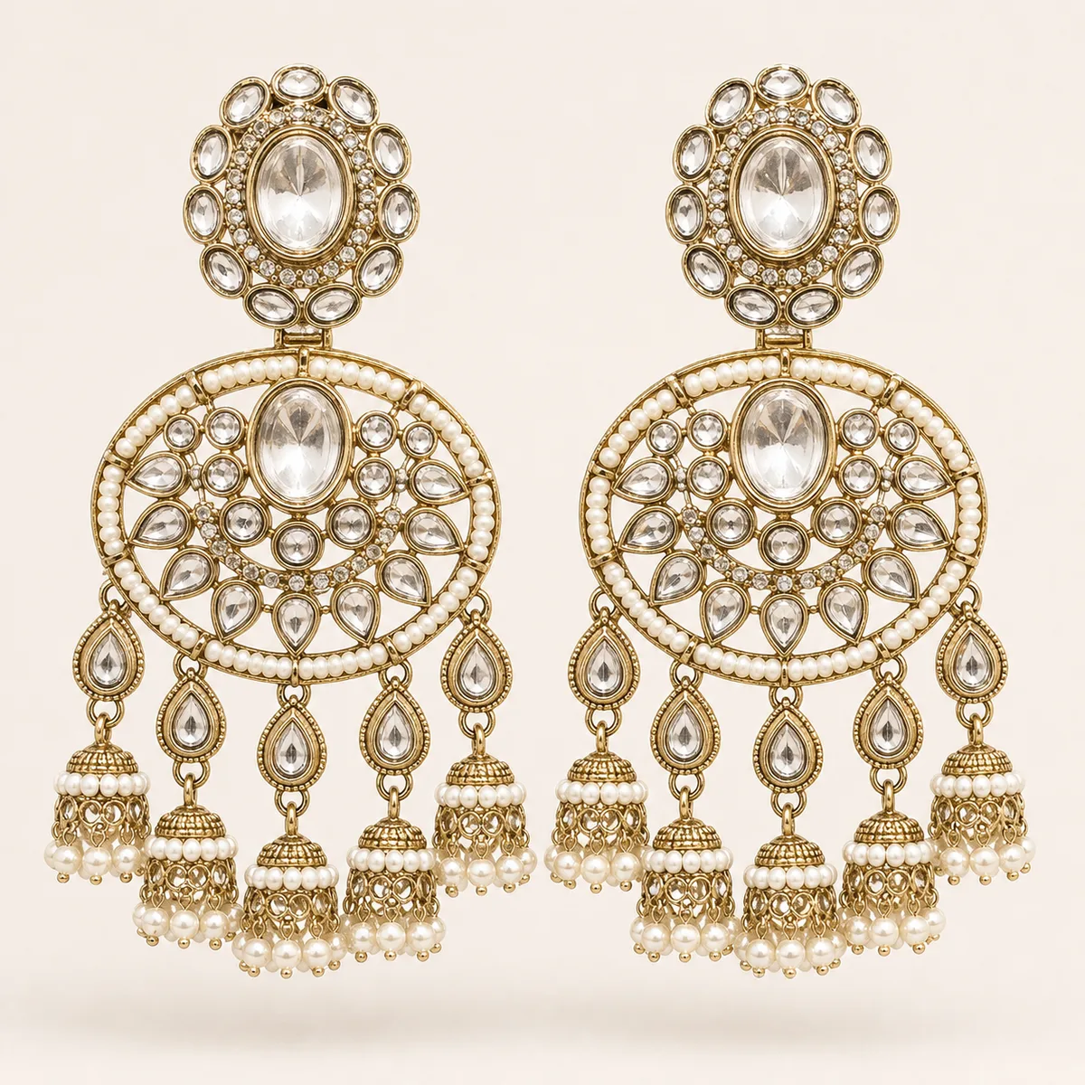 Antique Gold Clear Crystal Pearl Chandelier Earrings — view 1