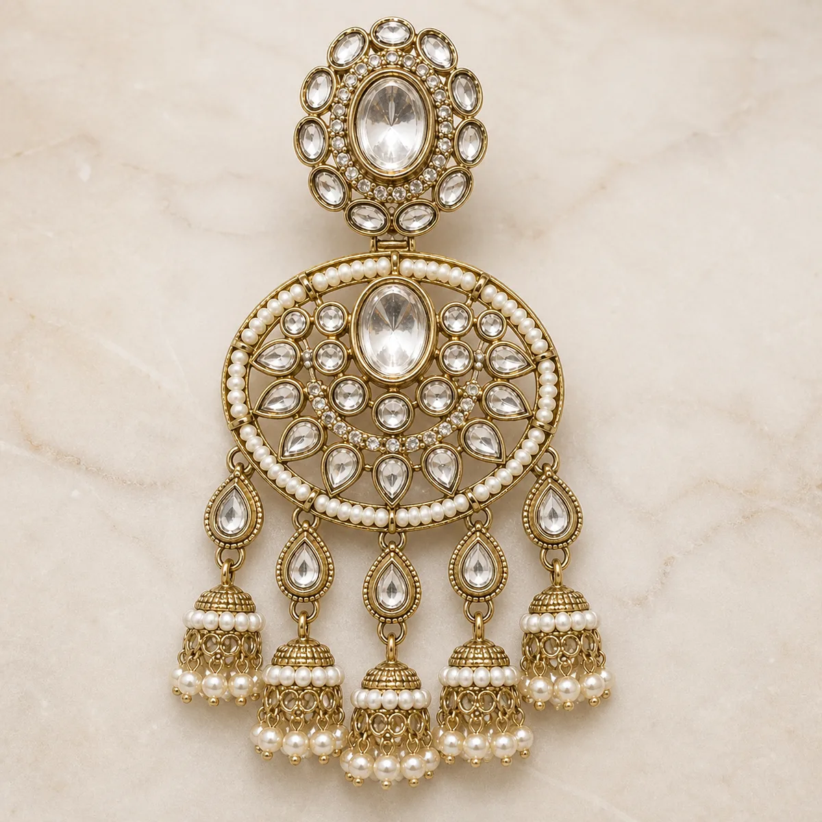 Antique Gold Clear Crystal Pearl Chandelier Earrings — view 3