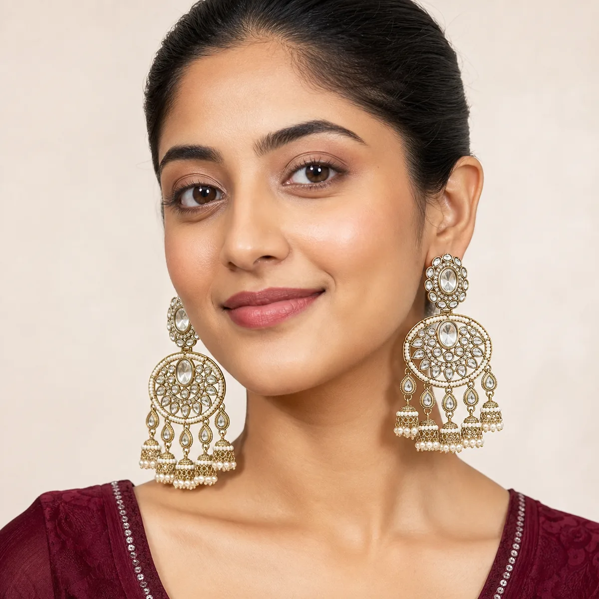 Antique Gold Clear Crystal Pearl Chandelier Earrings — view 4