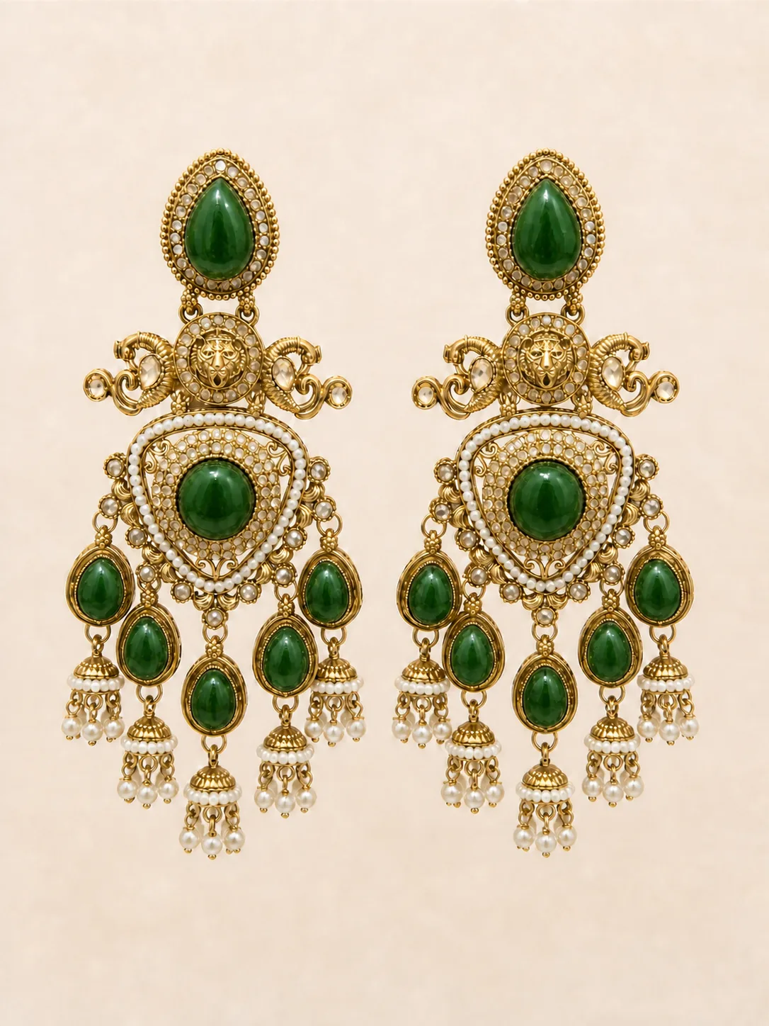 Antique Gold Emerald Lion Pearl Chandelier Earrings — view 1