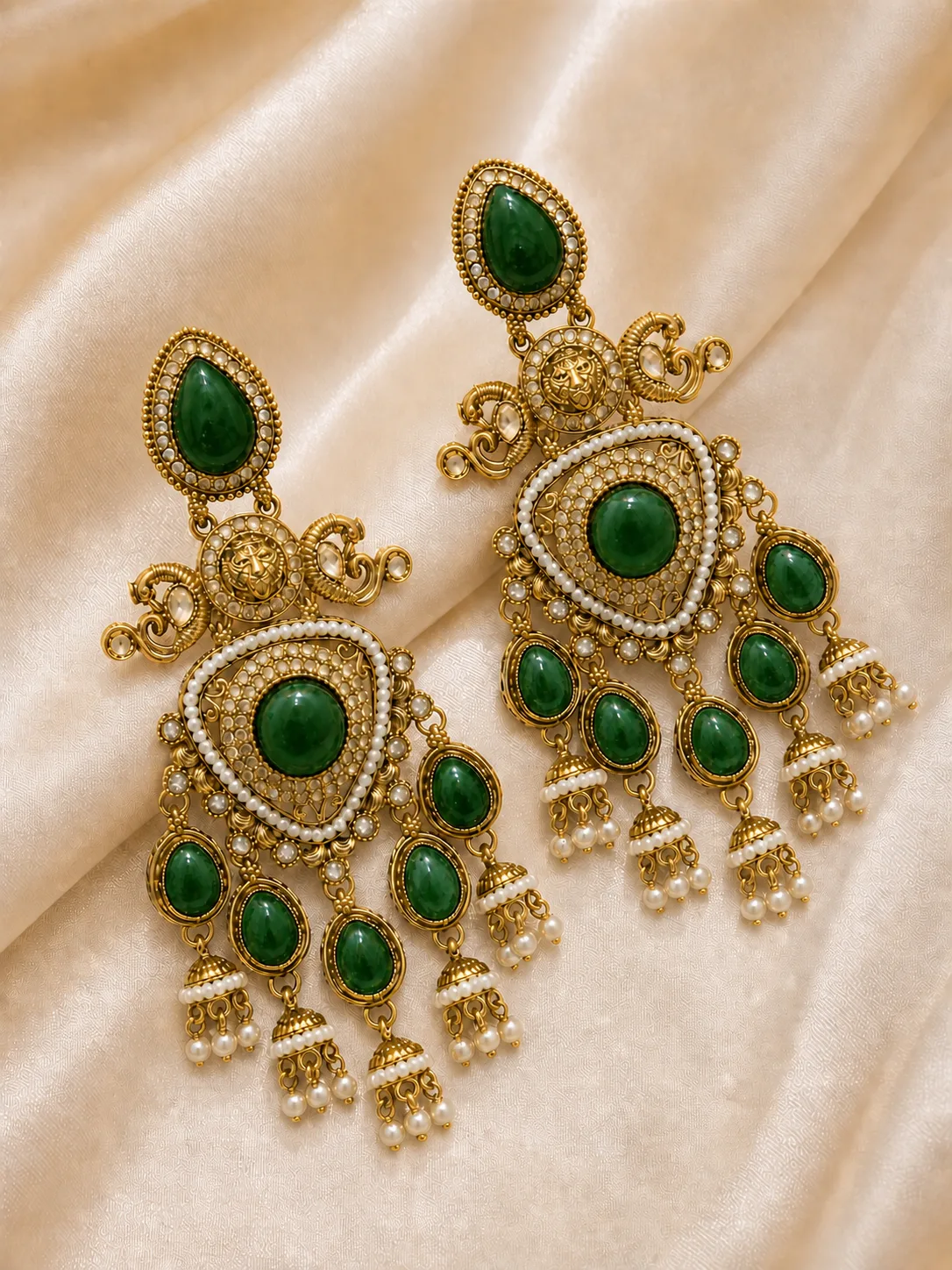 Antique Gold Emerald Lion Pearl Chandelier Earrings — view 2