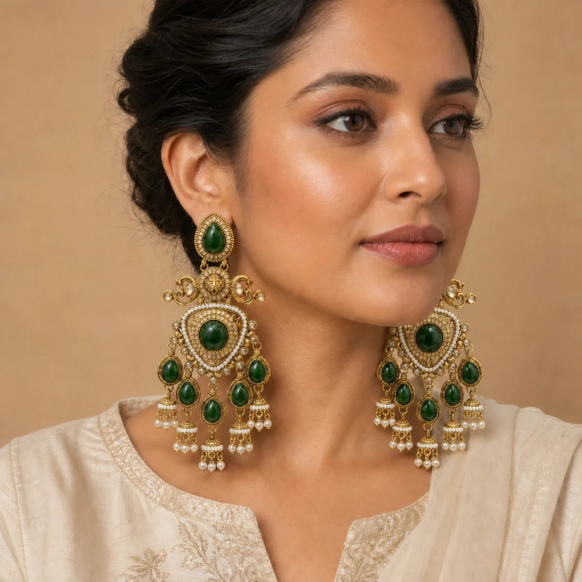 Antique Gold Emerald Lion Pearl Chandelier Earrings — view 4