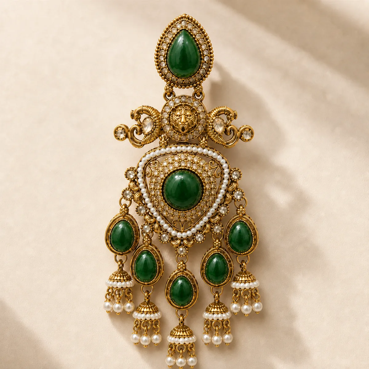 Antique Gold Emerald Lion Pearl Chandelier Earrings — view 3