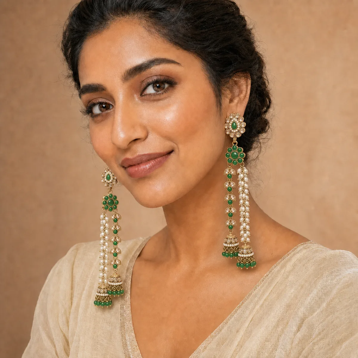 Antique Gold Emerald Pink Crystal Pearl Shoulder Duster Earrings — view 6