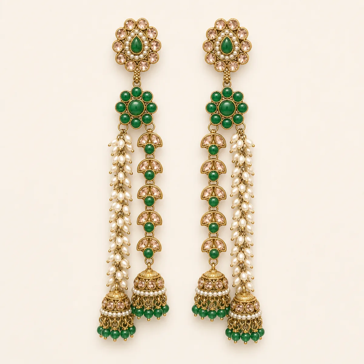 Antique Gold Emerald Pink Crystal Pearl Shoulder Duster Earrings — view 1