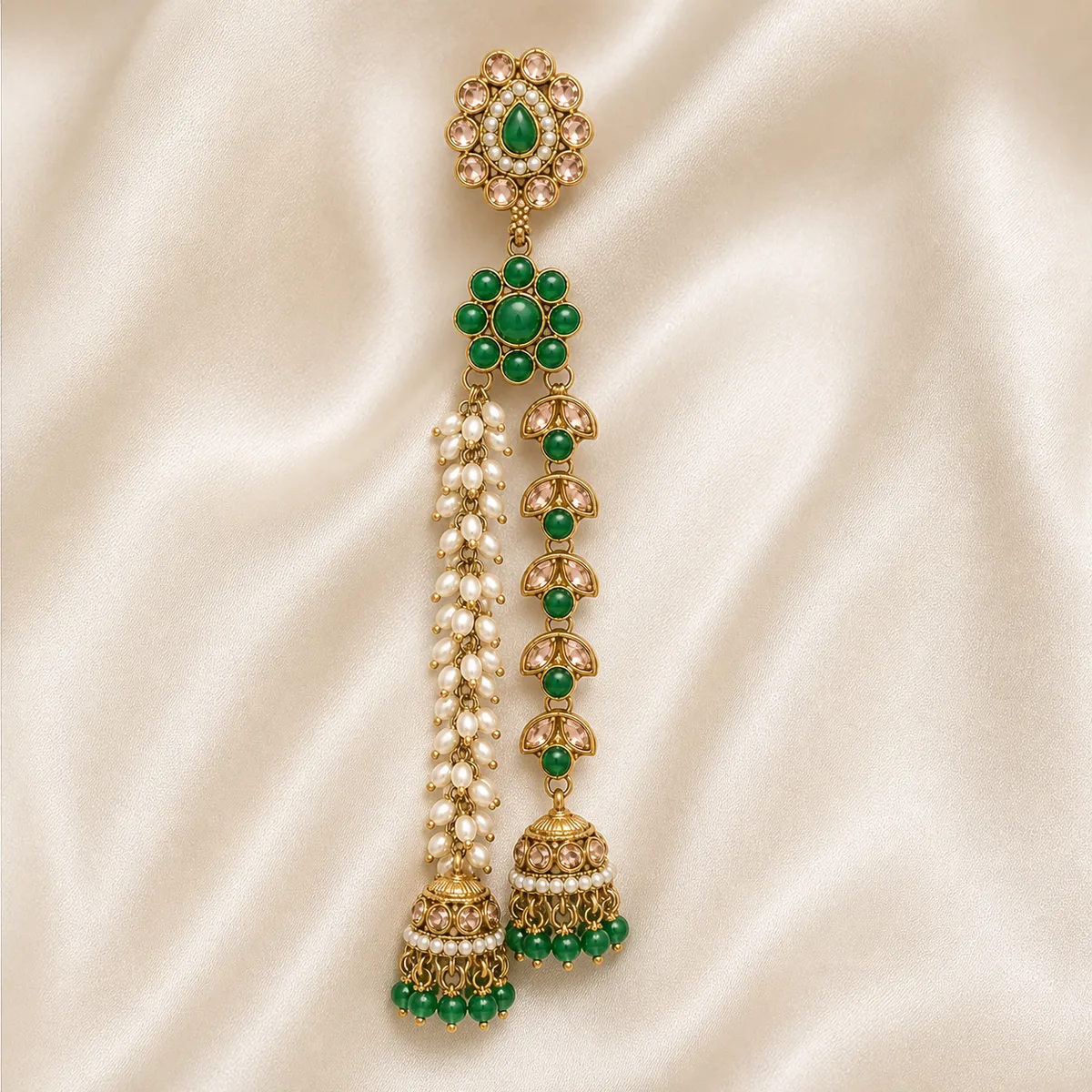 Antique Gold Emerald Pink Crystal Pearl Shoulder Duster Earrings — view 3