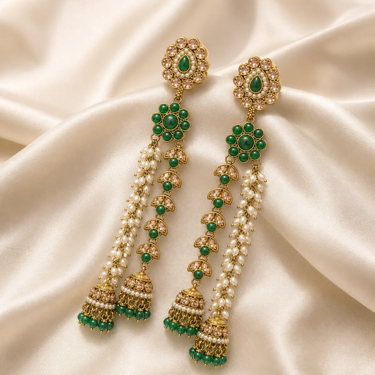 Antique Gold Emerald Pink Crystal Pearl Shoulder Duster Earrings — view 2