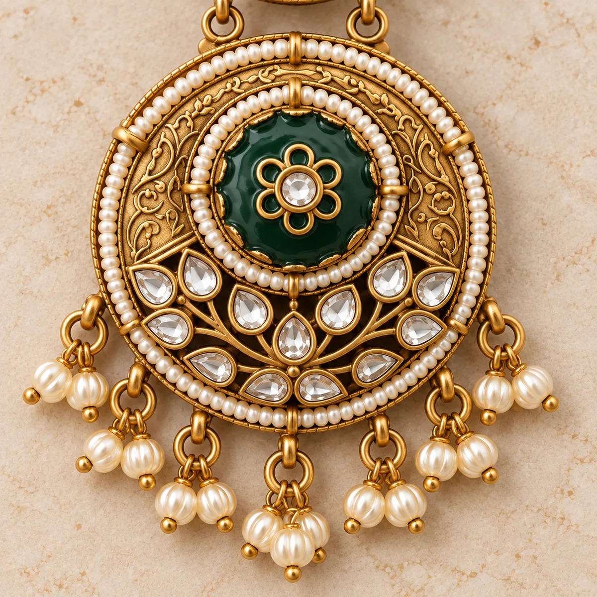 Antique Gold Green Enamel Double Medallion Hair Accessory — view 3