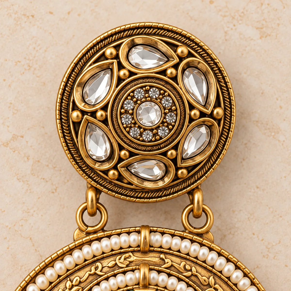 Antique Gold Green Enamel Double Medallion Hair Accessory — view 2