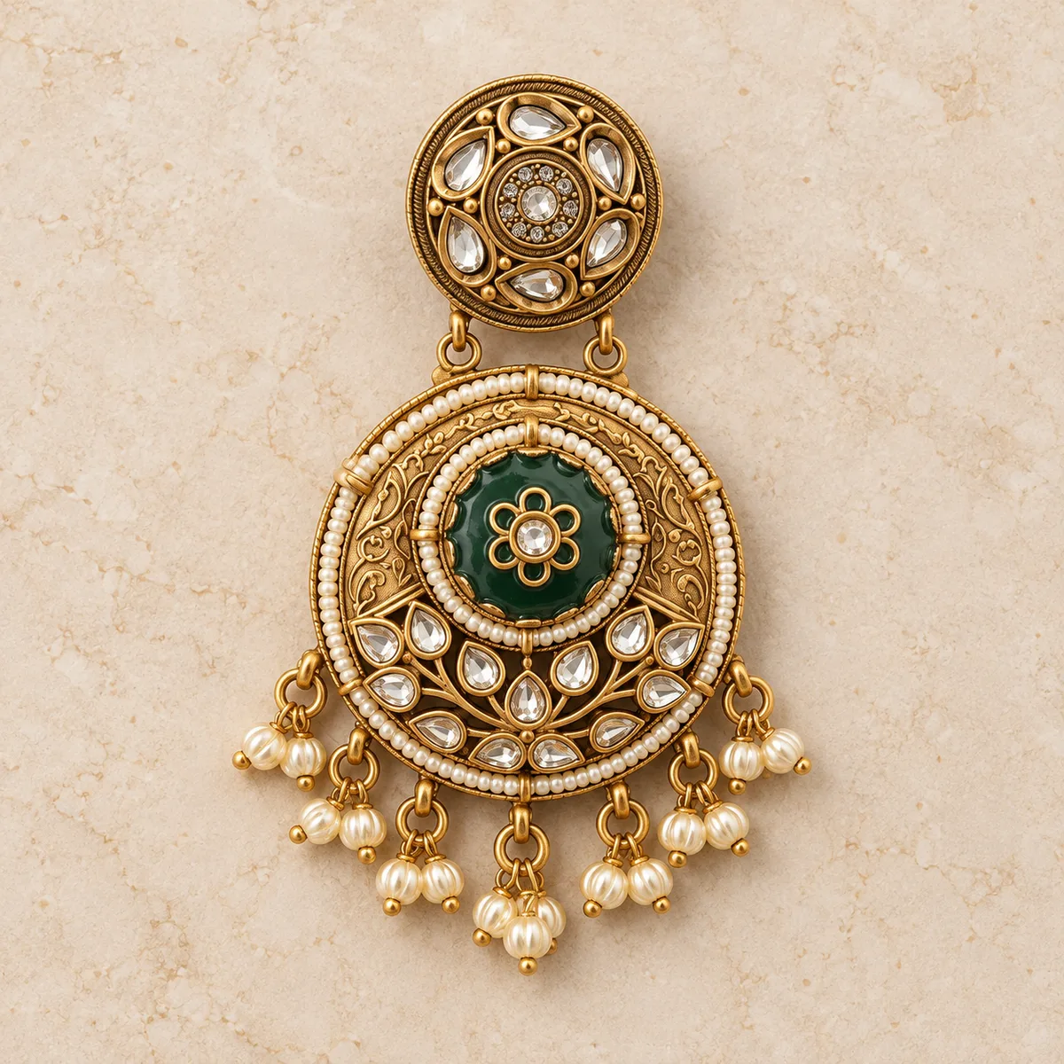 Antique Gold Green Enamel Double Medallion Hair Accessory — view 1