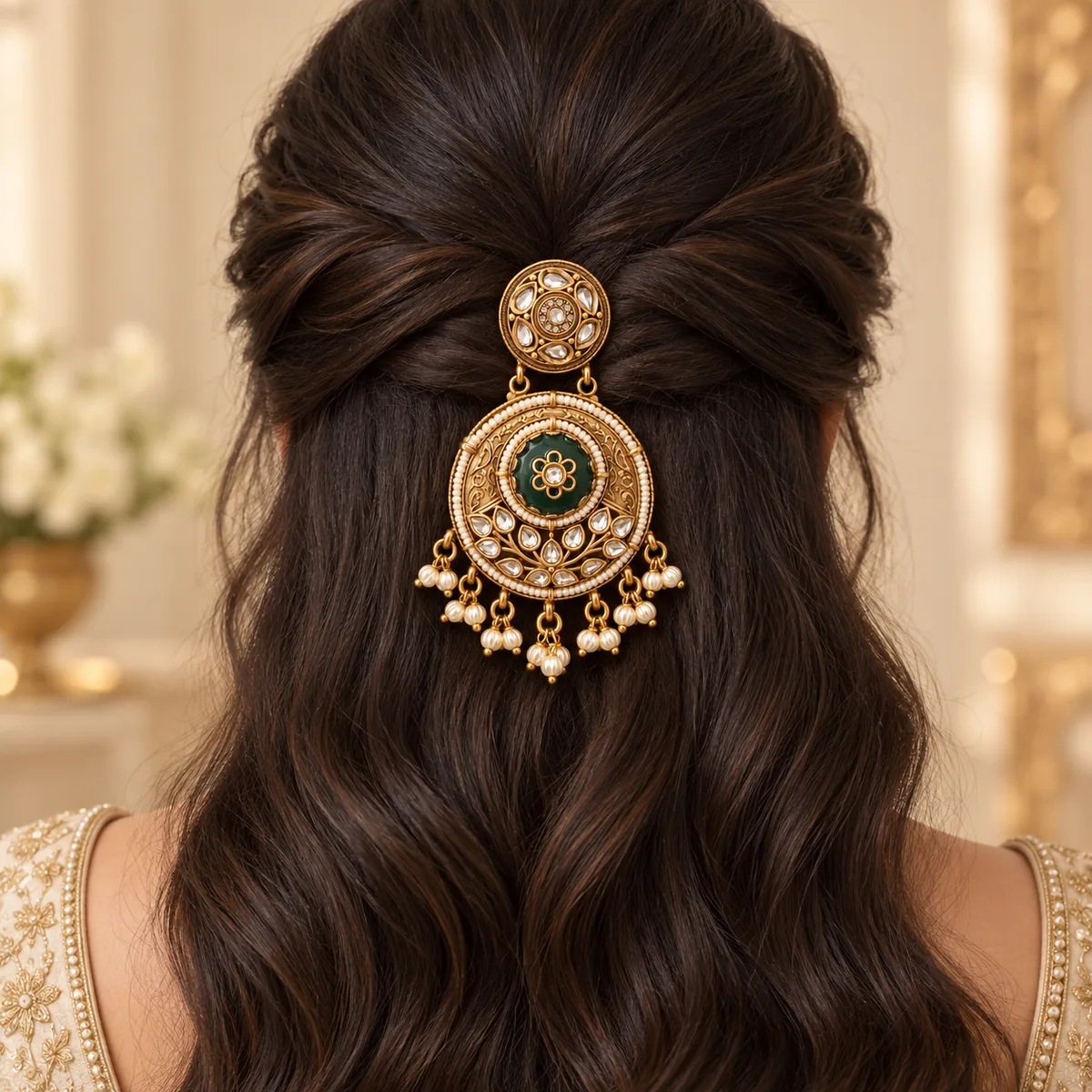 Antique Gold Green Enamel Double Medallion Hair Accessory — view 4