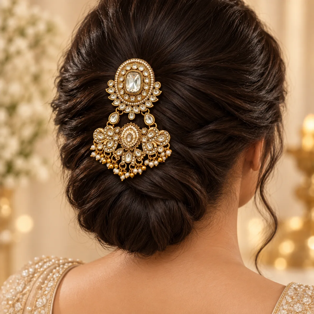 Antique Gold Kundan Double Medallion Pearl Hair Accessory — view 5