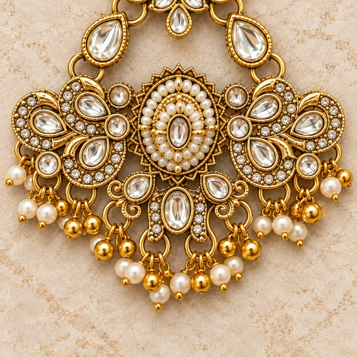 Antique Gold Kundan Double Medallion Pearl Hair Accessory — view 3