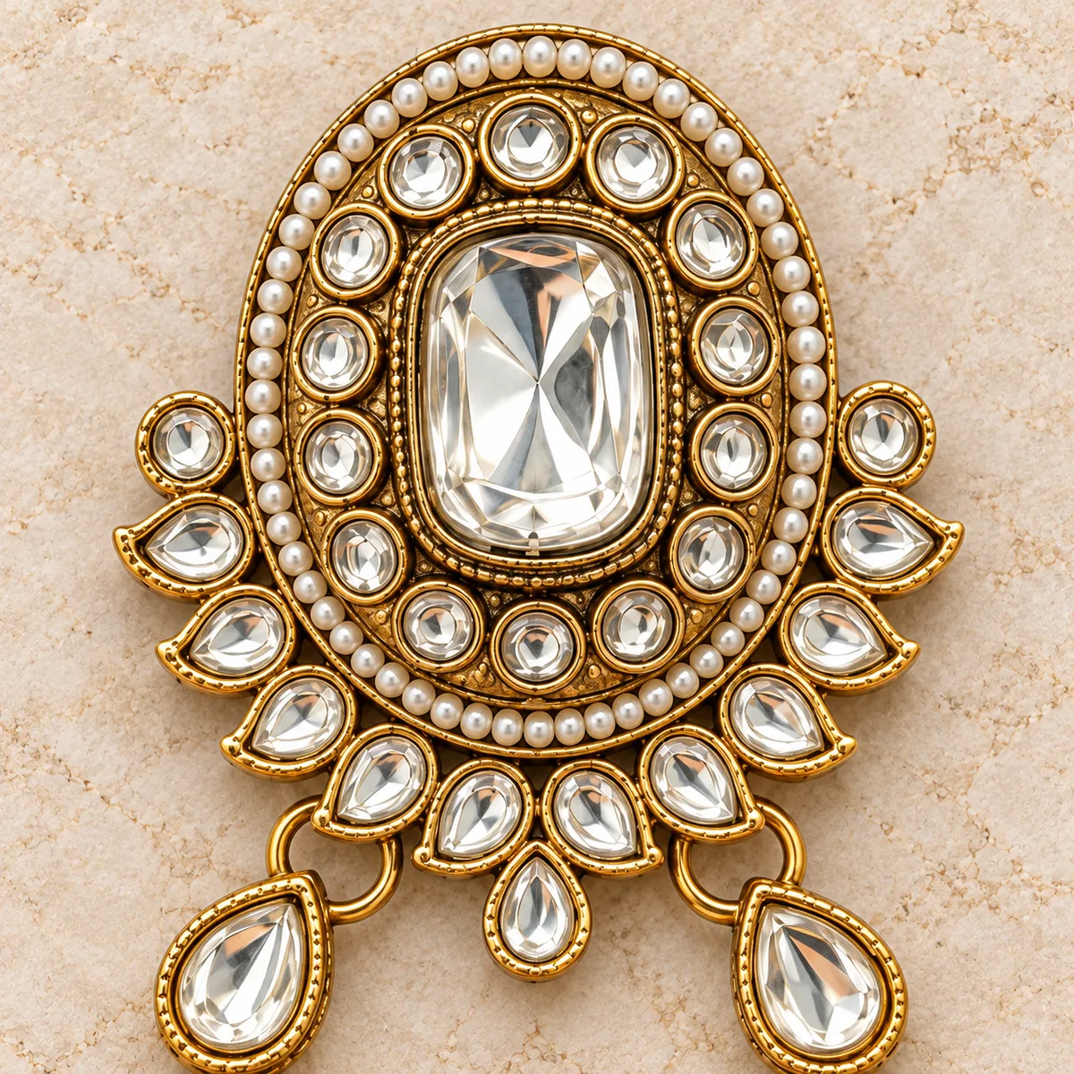 Antique Gold Kundan Double Medallion Pearl Hair Accessory — view 2