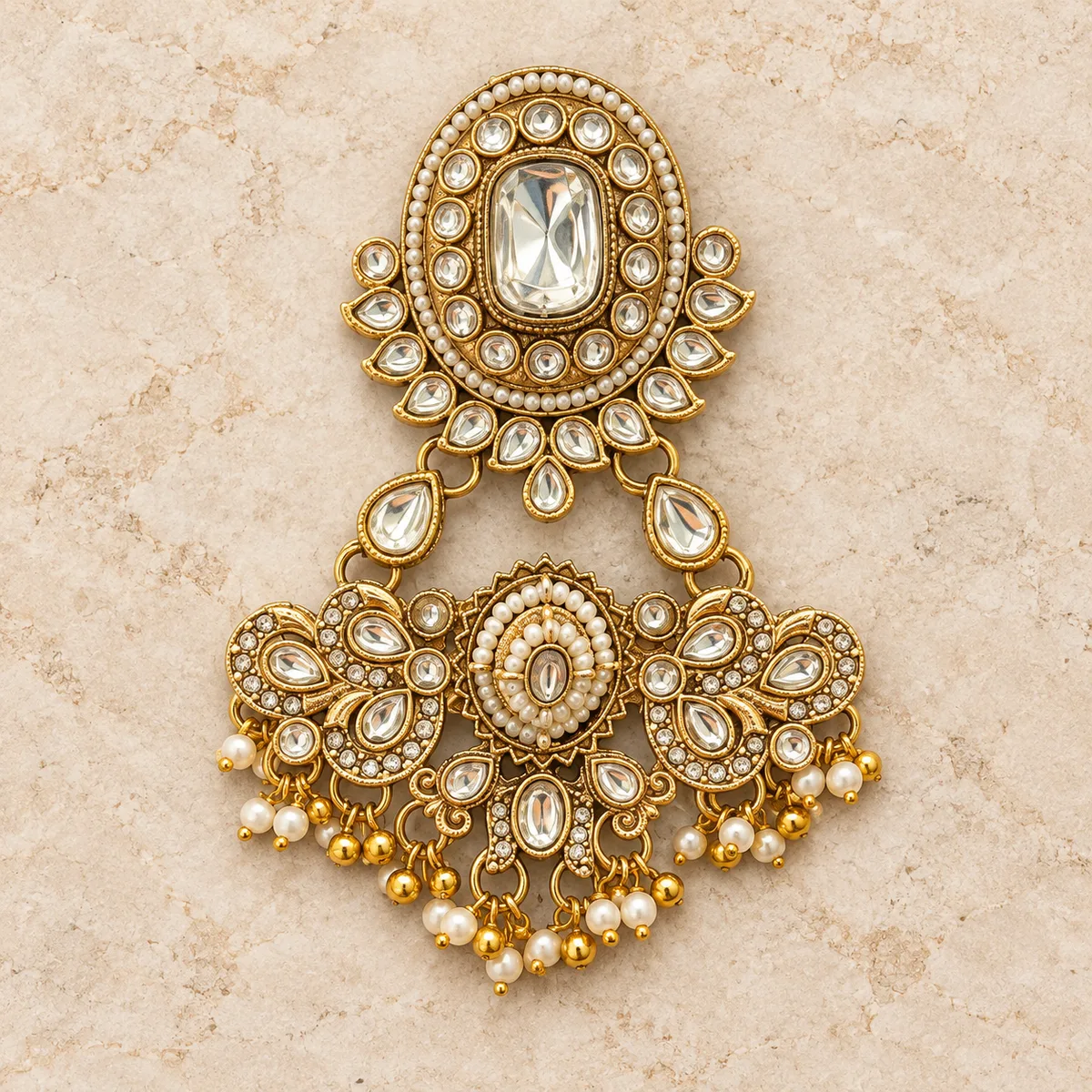 Antique Gold Kundan Double Medallion Pearl Hair Accessory — view 1