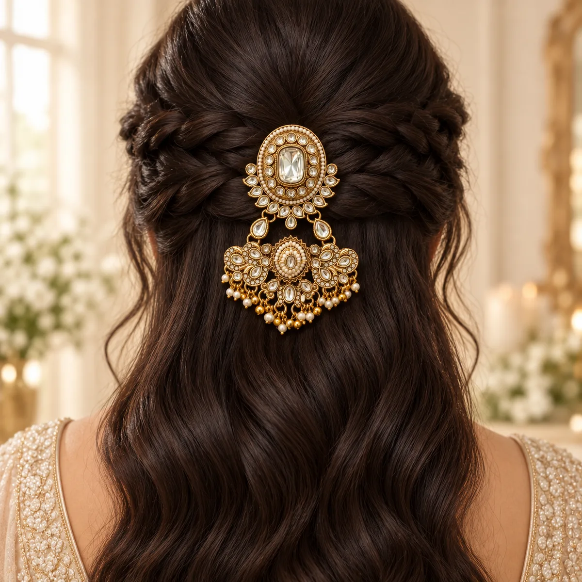 Antique Gold Kundan Double Medallion Pearl Hair Accessory — view 6