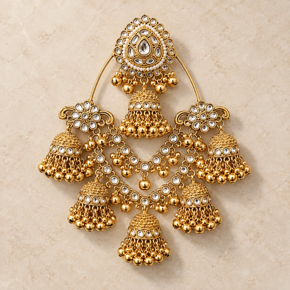 Antique Gold Kundan Six Jhumka Swag Hair Accessory — view 1