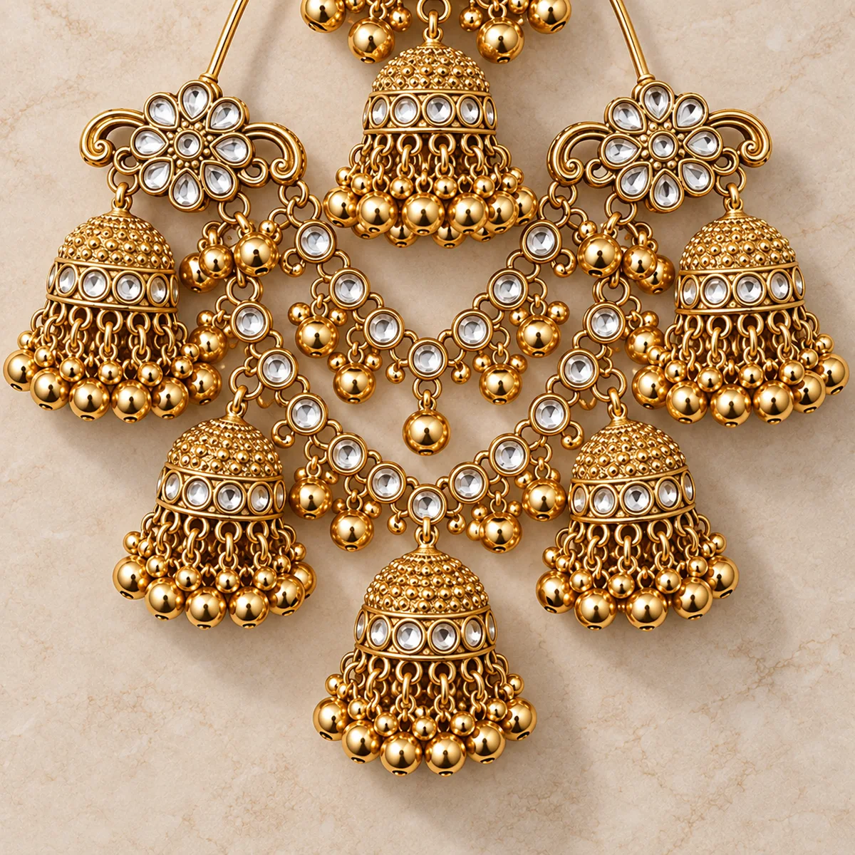 Antique Gold Kundan Six Jhumka Swag Hair Accessory — view 3