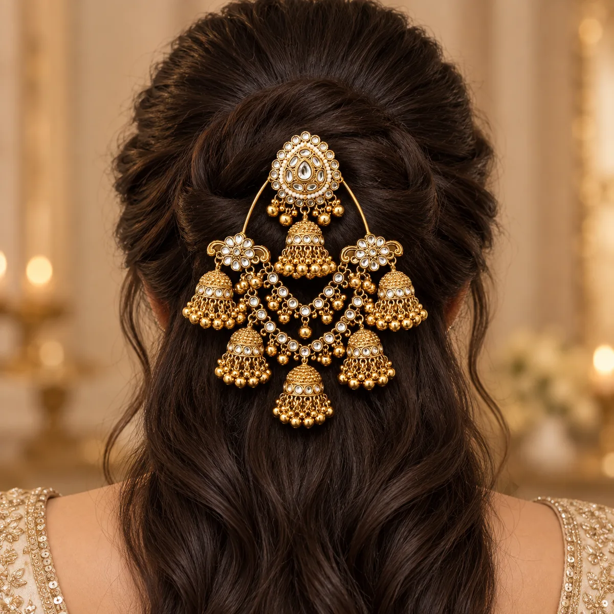Antique Gold Kundan Six Jhumka Swag Hair Accessory — view 4