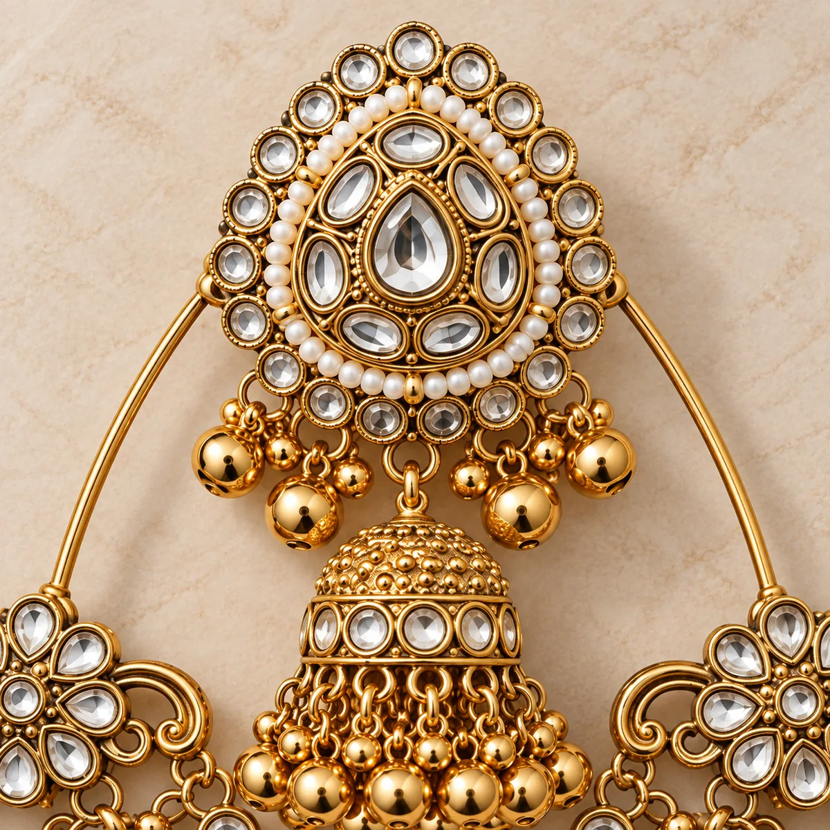Antique Gold Kundan Six Jhumka Swag Hair Accessory — view 2