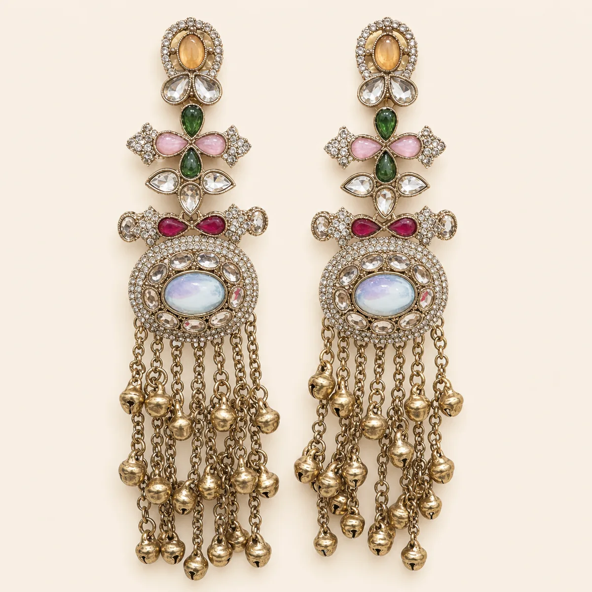 Antique Gold Multicolor Opalescent Three Point Bell Chandelier Earrings — view 1