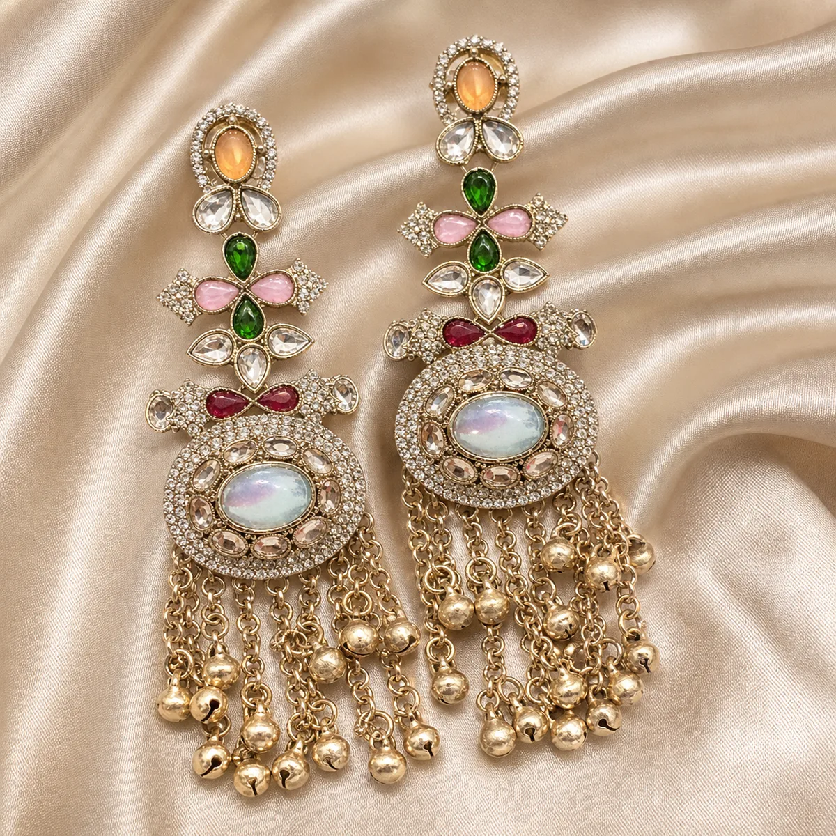 Antique Gold Multicolor Opalescent Three Point Bell Chandelier Earrings — view 2