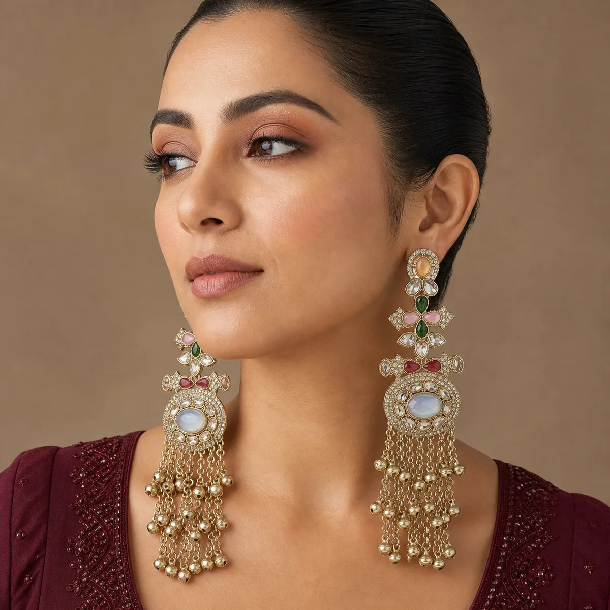 Antique Gold Multicolor Opalescent Three Point Bell Chandelier Earrings — view 4