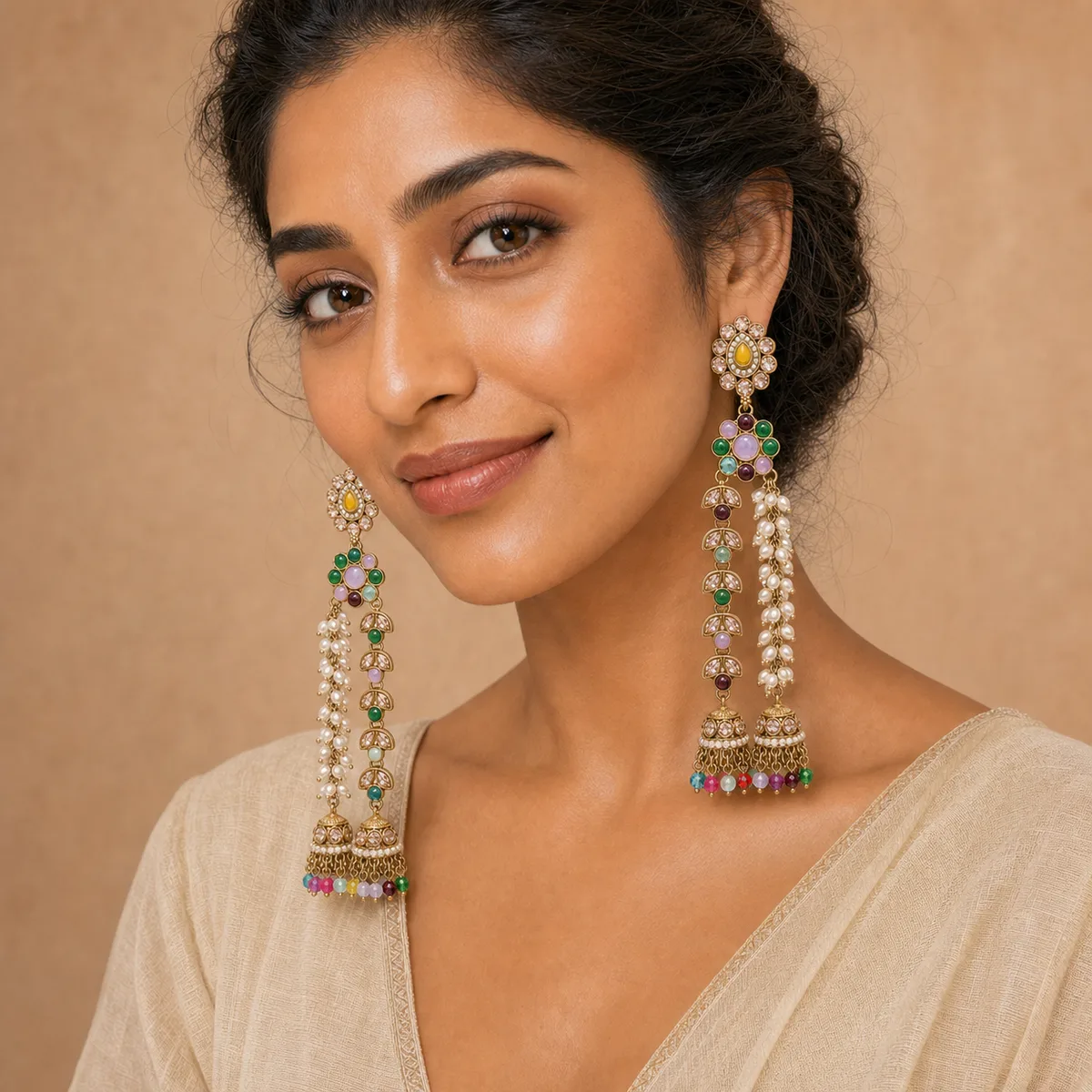 Antique Gold Multicolor Yellow Pearl Shoulder Duster Earrings — view 4