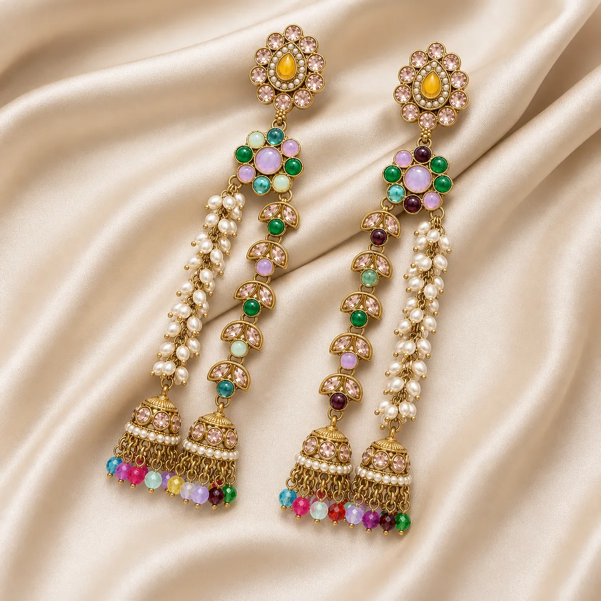 Antique Gold Multicolor Yellow Pearl Shoulder Duster Earrings — view 2
