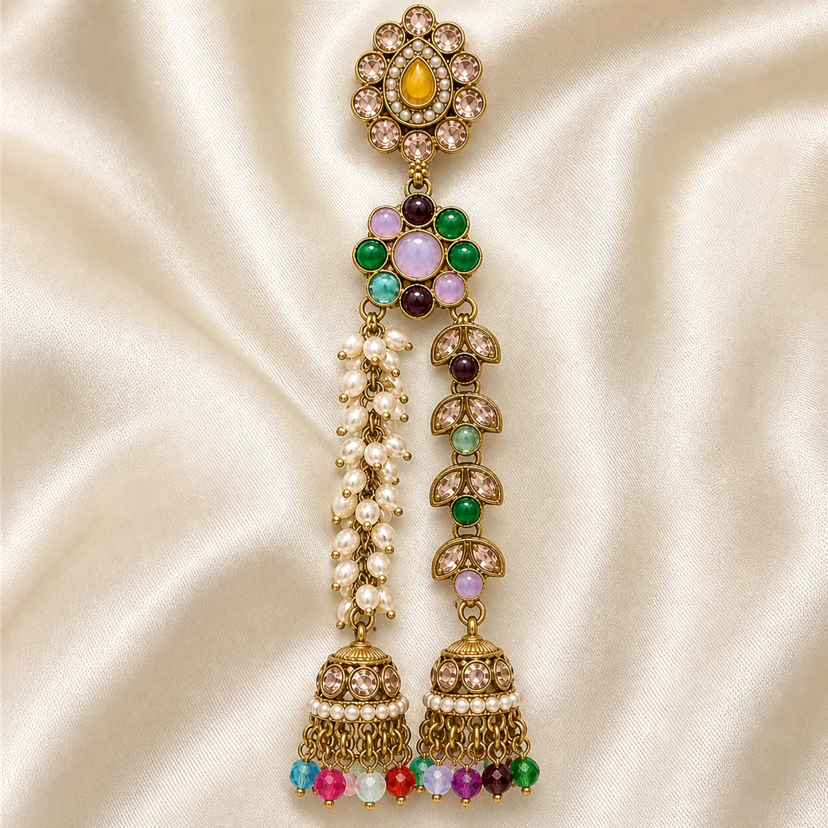 Antique Gold Multicolor Yellow Pearl Shoulder Duster Earrings — view 3