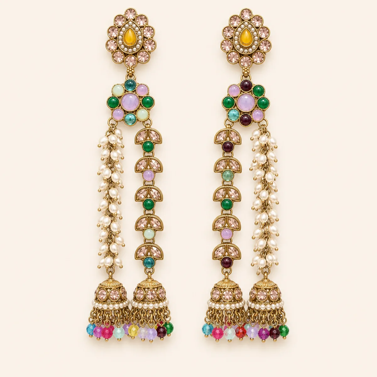 Antique Gold Multicolor Yellow Pearl Shoulder Duster Earrings — view 1