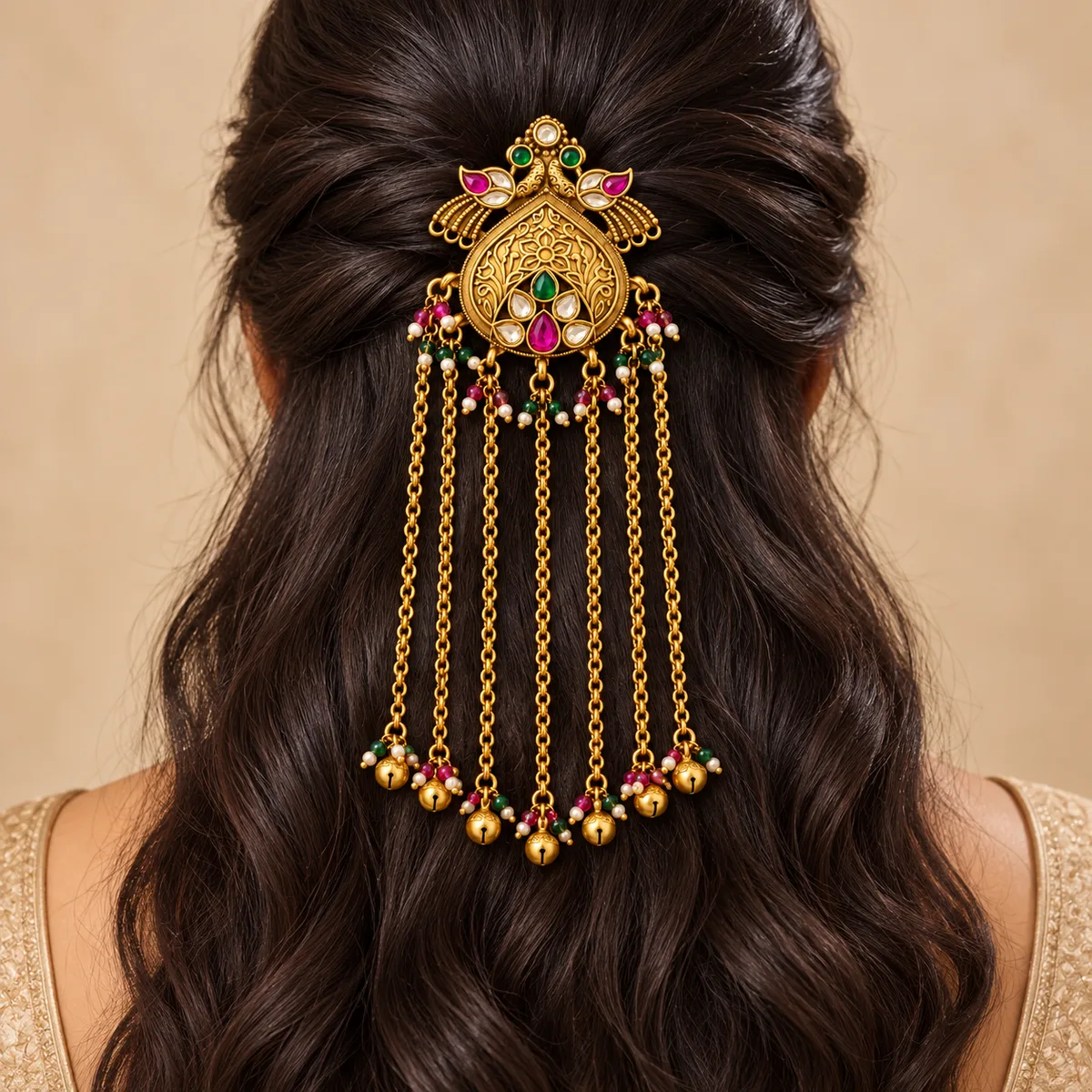 Antique Gold Peacock Multicolor Chain Tassel Hair Accessory — view 4