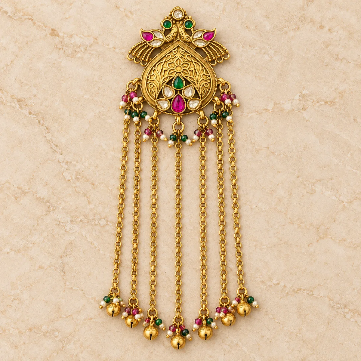Antique Gold Peacock Multicolor Chain Tassel Hair Accessory — view 1
