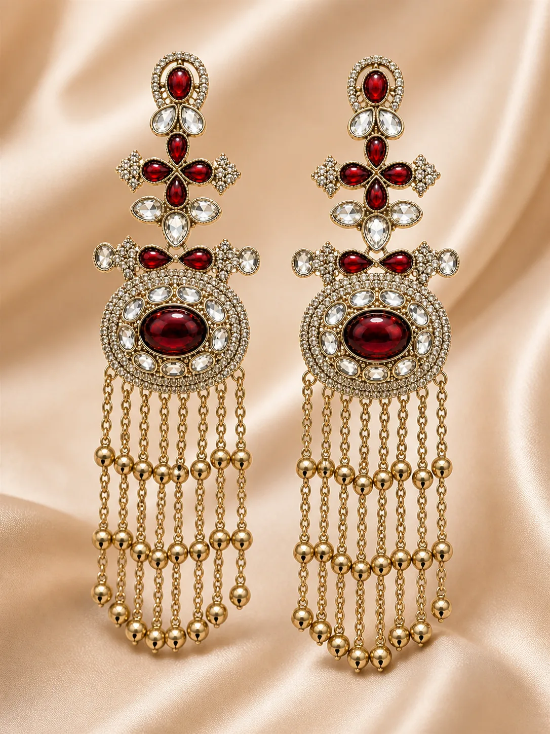 Antique Gold Ruby Clear Crystal Three Tier Bell Chandelier Earrings — view 2
