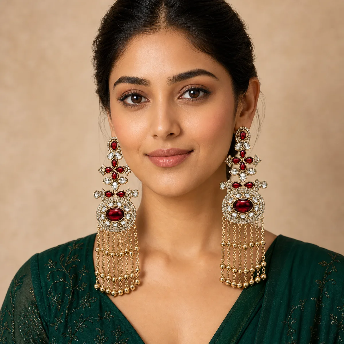 Antique Gold Ruby Clear Crystal Three Tier Bell Chandelier Earrings — view 4