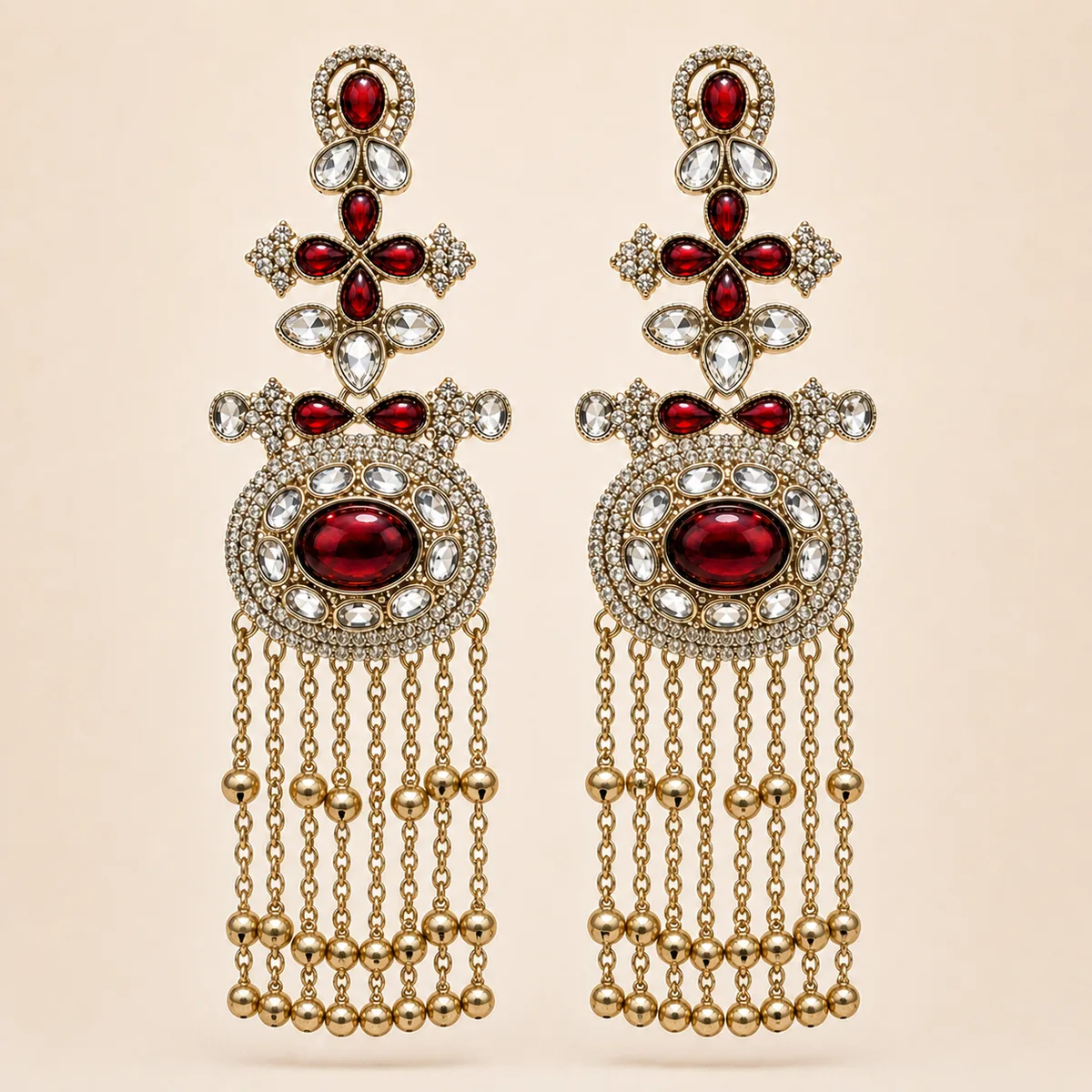 Antique Gold Ruby Clear Crystal Three Tier Bell Chandelier Earrings — view 1