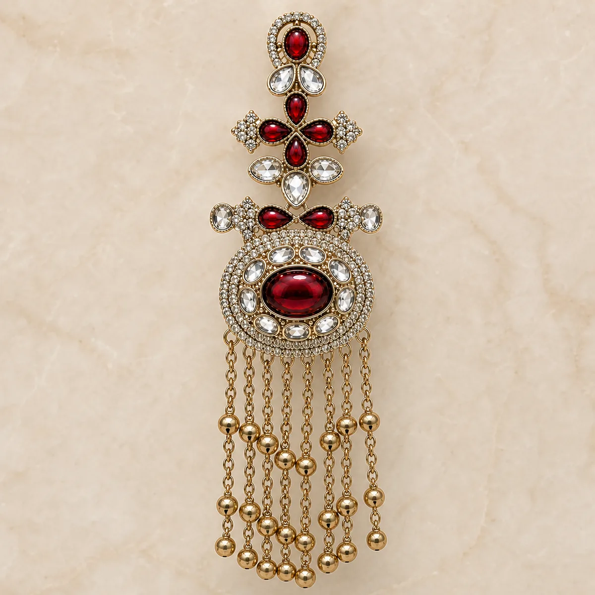 Antique Gold Ruby Clear Crystal Three Tier Bell Chandelier Earrings — view 3