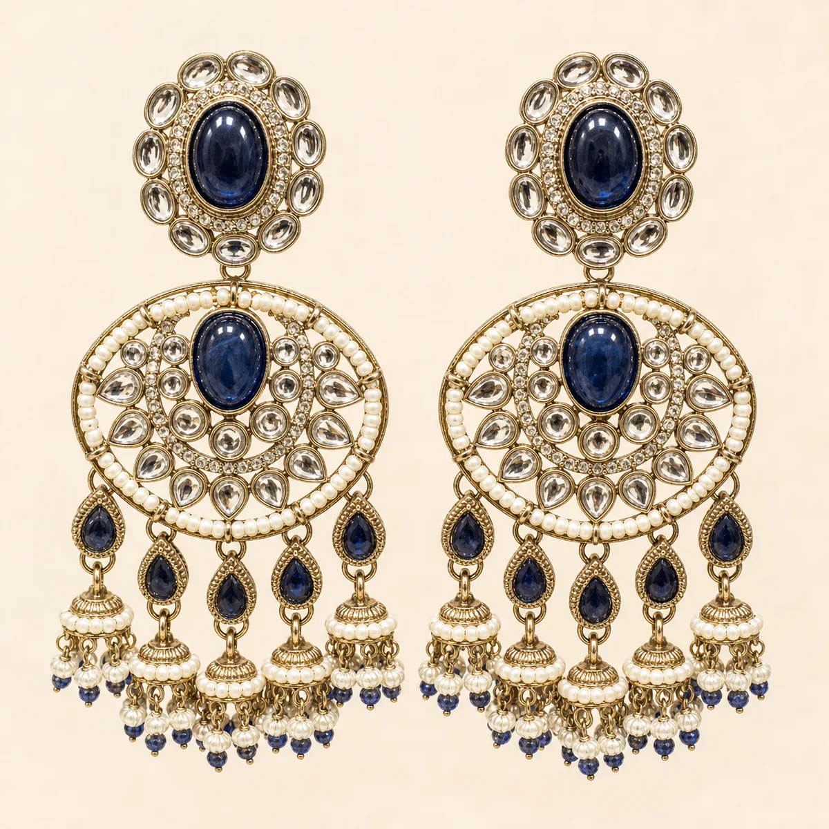 Antique Gold Sapphire Blue Crystal Pearl Chandelier Earrings — view 1