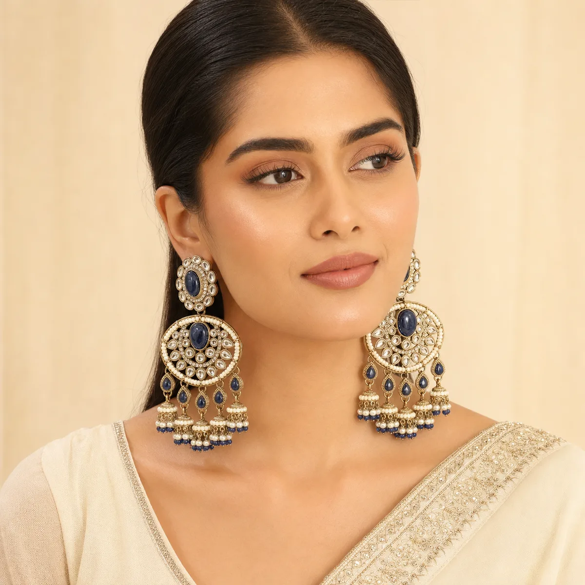 Antique Gold Sapphire Blue Crystal Pearl Chandelier Earrings — view 4