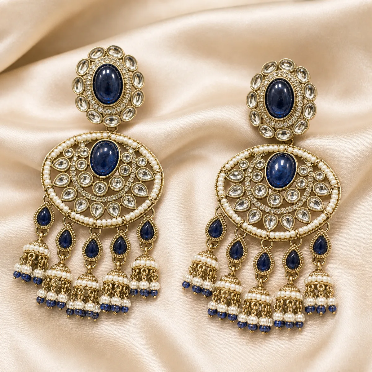 Antique Gold Sapphire Blue Crystal Pearl Chandelier Earrings — view 2