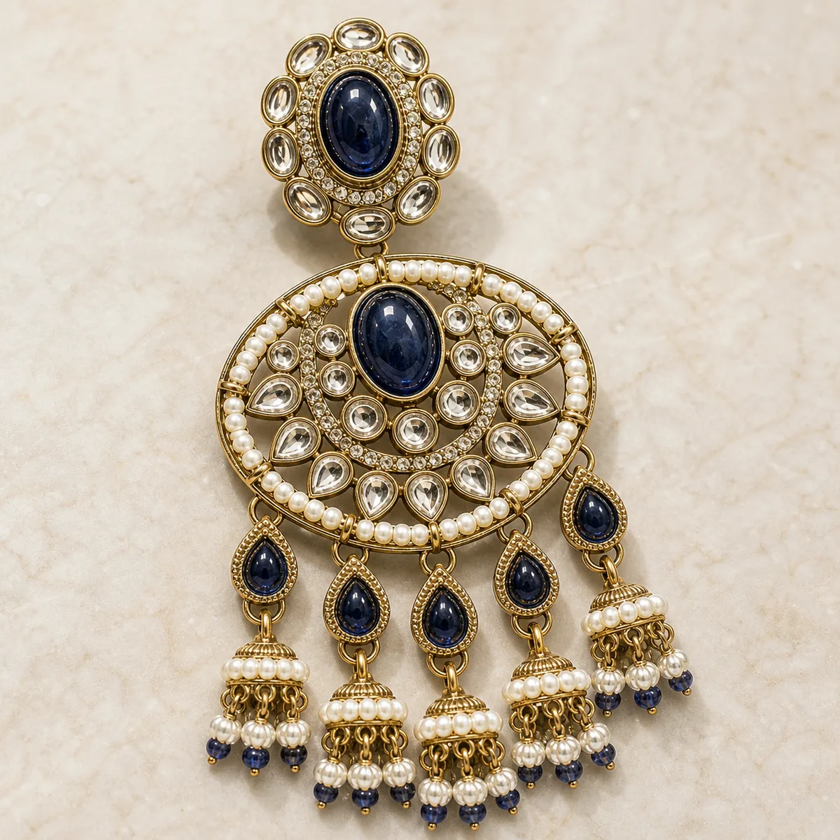 Antique Gold Sapphire Blue Crystal Pearl Chandelier Earrings — view 3